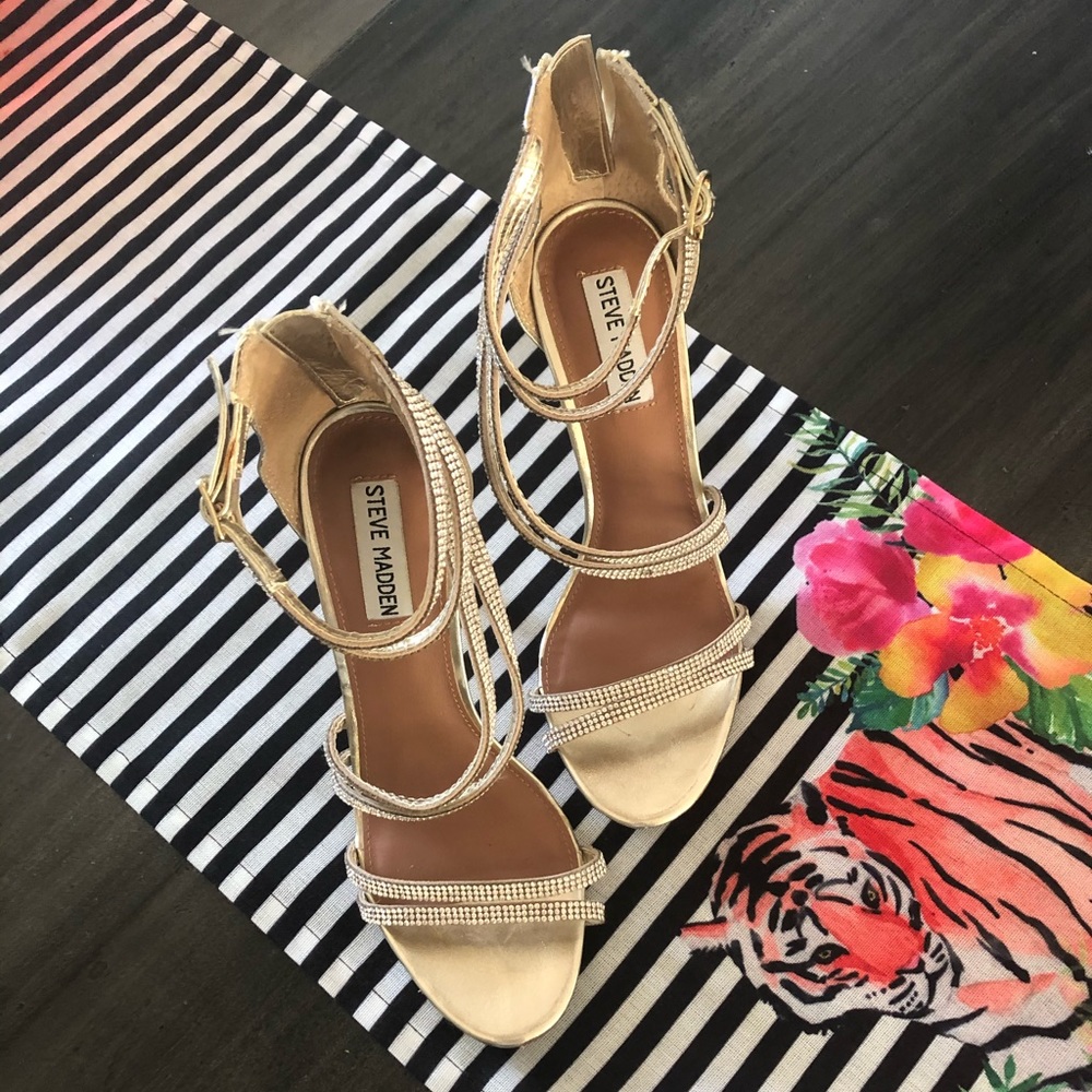 Steve Madden Gold Strappy Rhinestone Heels